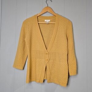 Christopher & Banks Womens Cardigan Sweater Mustard Yellow Button Front 3/4 Sz S